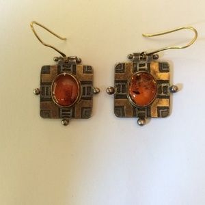 Unique Sterling Silver 18K Gold Amber Gemstone Earrings
